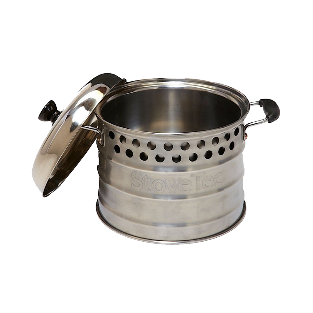 Open view of the stainless steel StoveTec Super Pot interior with lid leaning on the side, highlighting the dual-layer wall design that boils water 50% faster.