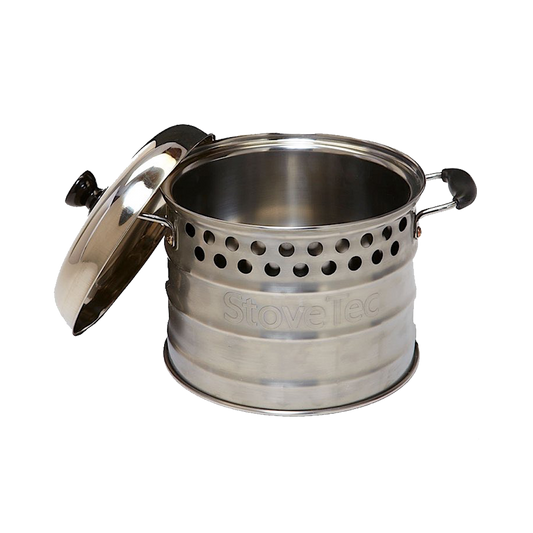 Open view of the stainless steel StoveTec Super Pot interior with lid leaning on the side, highlighting the dual-layer wall design that boils water 50% faster.