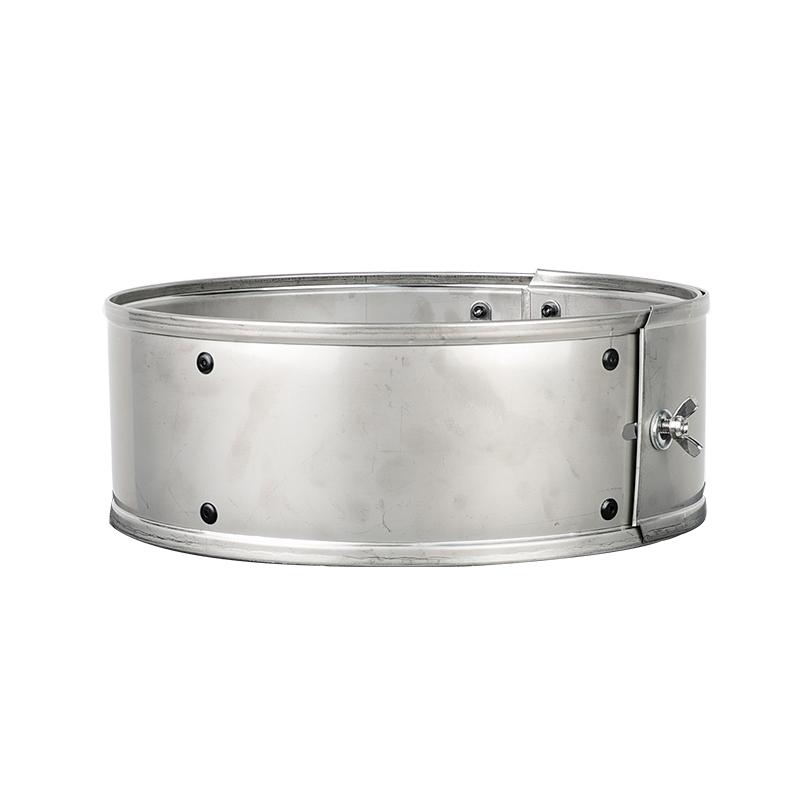 Side view of adjustable rocket stove pot ring wind guard, showcasing heavy-duty metal rivets and butterfly screw closure.