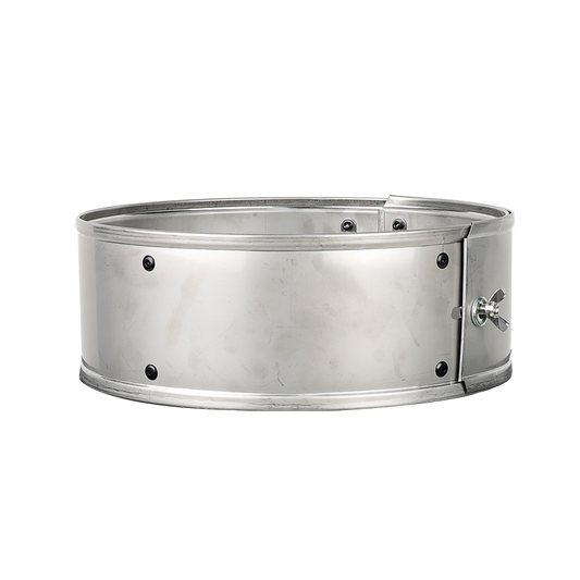 Side view of adjustable rocket stove pot ring wind guard, showcasing heavy-duty metal rivets and butterfly screw closure.