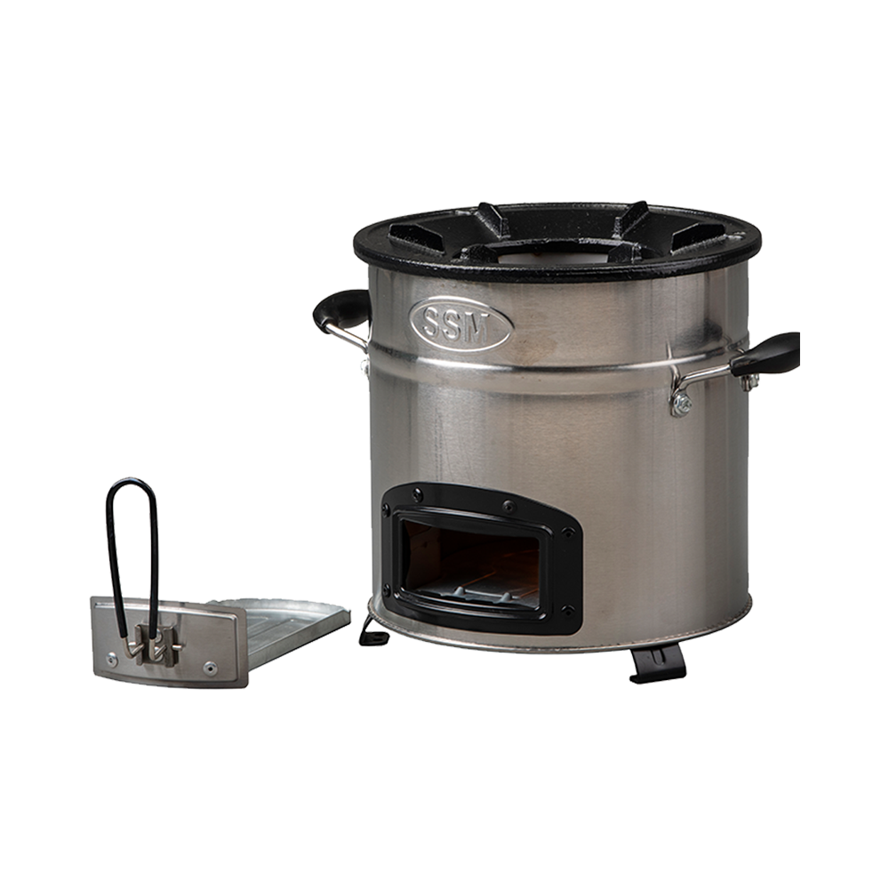 Three-quarter profile of the C26-23MAX charcoal stove with its fuel tray open, showcasing the secondary air combustion design that provides the fastest cooking performance on the market.