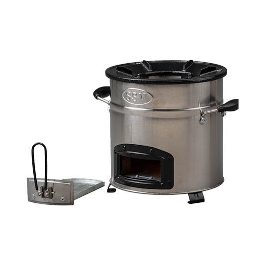 Three-quarter profile of the C26-23MAX charcoal stove with its fuel tray open, showcasing the secondary air combustion design that provides the fastest cooking performance on the market.