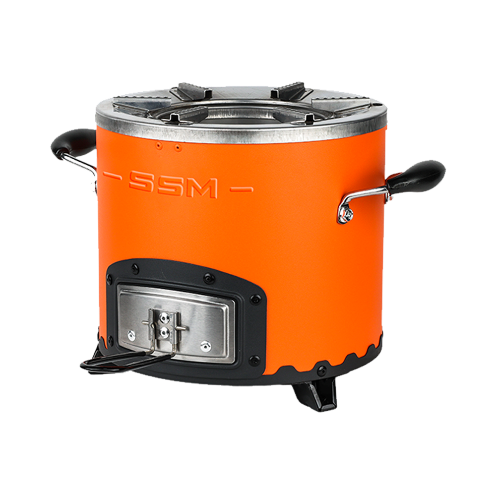 Three-quarter profile of the orange C26-12 clean cook charcoal stove, highlighting the high-efficiency design that uses 50% less fuel than three-stone cooking methods.