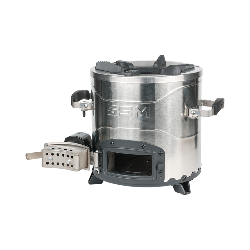 Side profile of the F-28 fan stove showing the integrated three-speed airflow control unit and firebox.