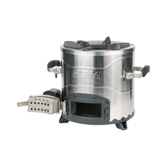 Side profile of the F-28 fan stove showing the integrated three-speed airflow control unit and firebox.