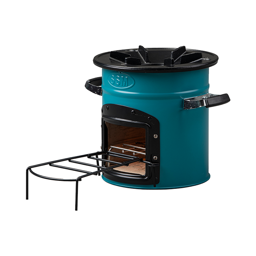 Side profile of the teal S26-13 stove, highlighting the fuel intake design and the support structure that increases durability and thermal efficiency.