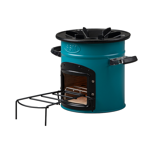 Side profile of the teal S26-13 stove, highlighting the fuel intake design and the support structure that increases durability and thermal efficiency.