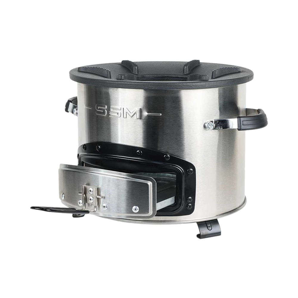 Three-quarter profile of the large-size C28-23SE clean cookstove, featuring a removable ash tray for firepower management and a durable cast iron top designed for high efficiency.