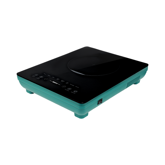 Three-quarter angle view of the SSM induction cooktop, showcasing its sleek black panel and compact, durable design.