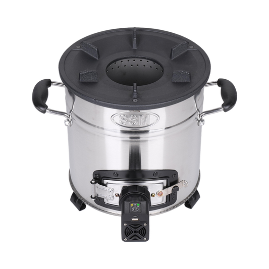 Front view of the F-18 outdoor fan stove showing the durable cast iron top and electronic airflow control unit.