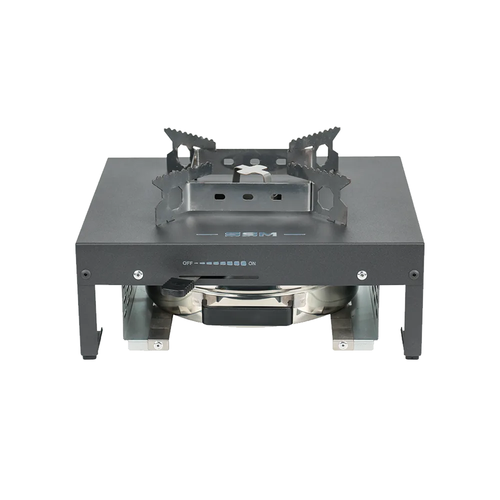 Front view of the SSM single-burner ethanol stove highlighting the integrated OFF/ON fuel control slider and burner canister handle.