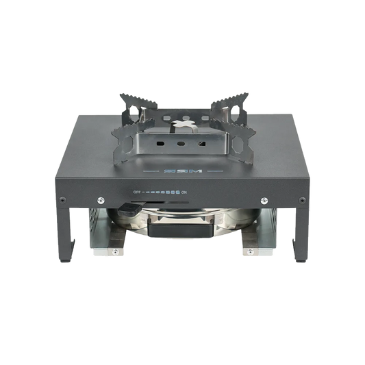 Front view of the SSM single-burner ethanol stove highlighting the integrated OFF/ON fuel control slider and burner canister handle.