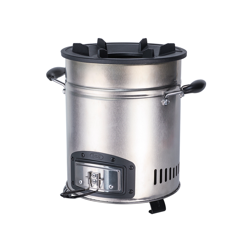 Side profile of the P-18 stove showing the heat-resistant handle and the integrated fuel loading door.