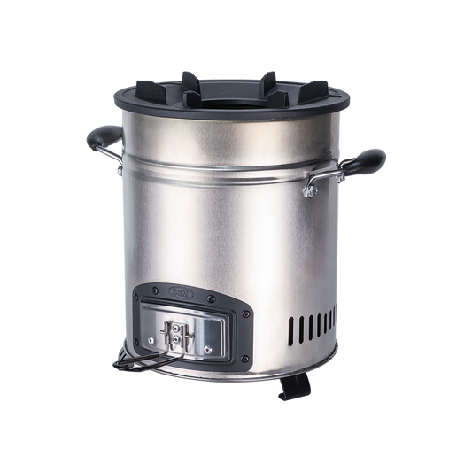 Side profile of the P-18 stove showing the heat-resistant handle and the integrated fuel loading door.