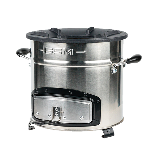 Three-quarter profile of the C28-23MAX charcoal stove, showcasing the secondary air combustion design that makes it the fastest and most efficient cooking stove on the market.