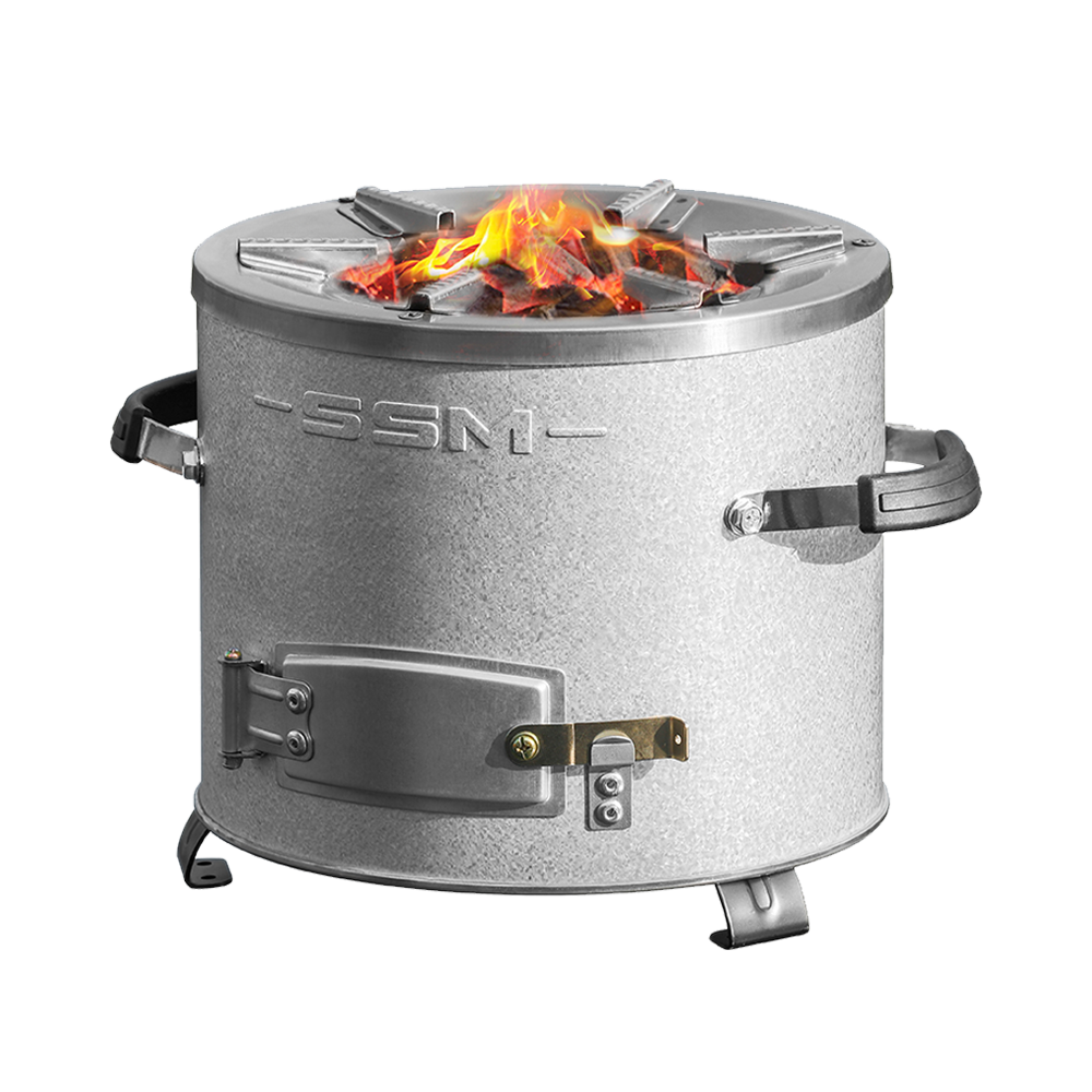 C26-10B aluminized zinc plated charcoal stove burning hot embers, demonstrating highly efficient combustion that reduces indoor air pollution and CO2 emissions.