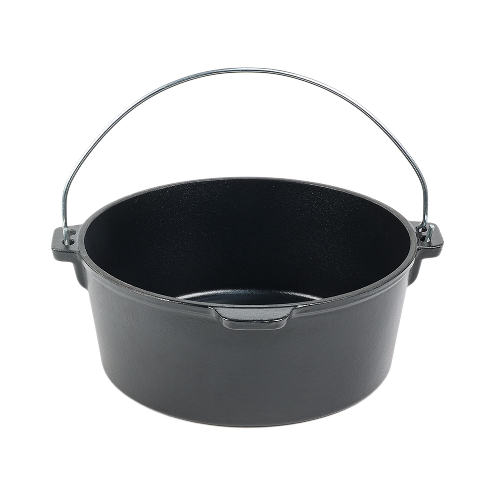 Deep cast iron Dutch oven base without lid, showing heavy-duty interior and sturdy wire bail handle for campfire stews.