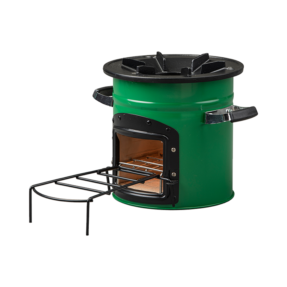 Side profile of the green S26-13 stove, designed to reduce smoke and improve fuel efficiency compared to traditional three-stone methods.