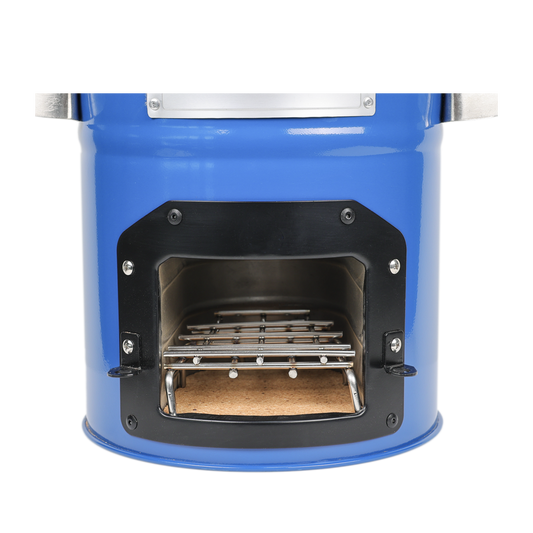 Close-up of the S28-X stove with the fuel door open, emphasizing its performance capabilities, including 50.1% thermal efficiency and a 70% reduction in toxic emissions.