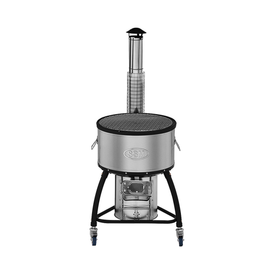 M55-1 energy-efficient cookstove featuring a durable mobile design with 3 wheels and dual handles for effortless transport.