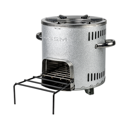 Side profile of the S26-11E stove, highlighting the ventilation slots on the side housing and the fuel intake design.