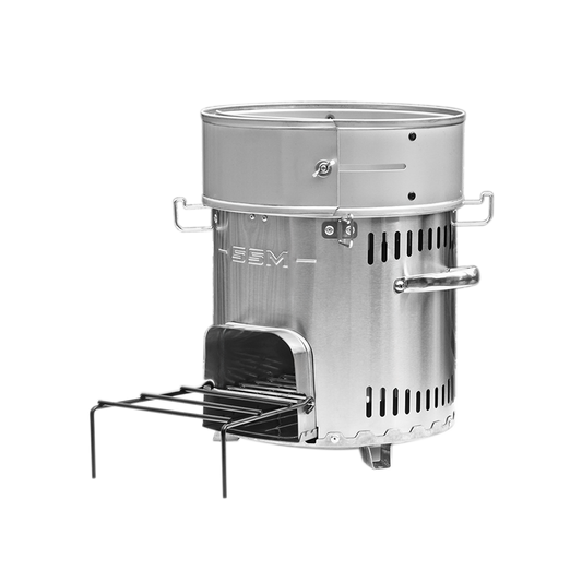 Side profile of the S26-11E wood stove, highlighting its durable construction and suitability for various types of firewood, straw, and biomass fuel.