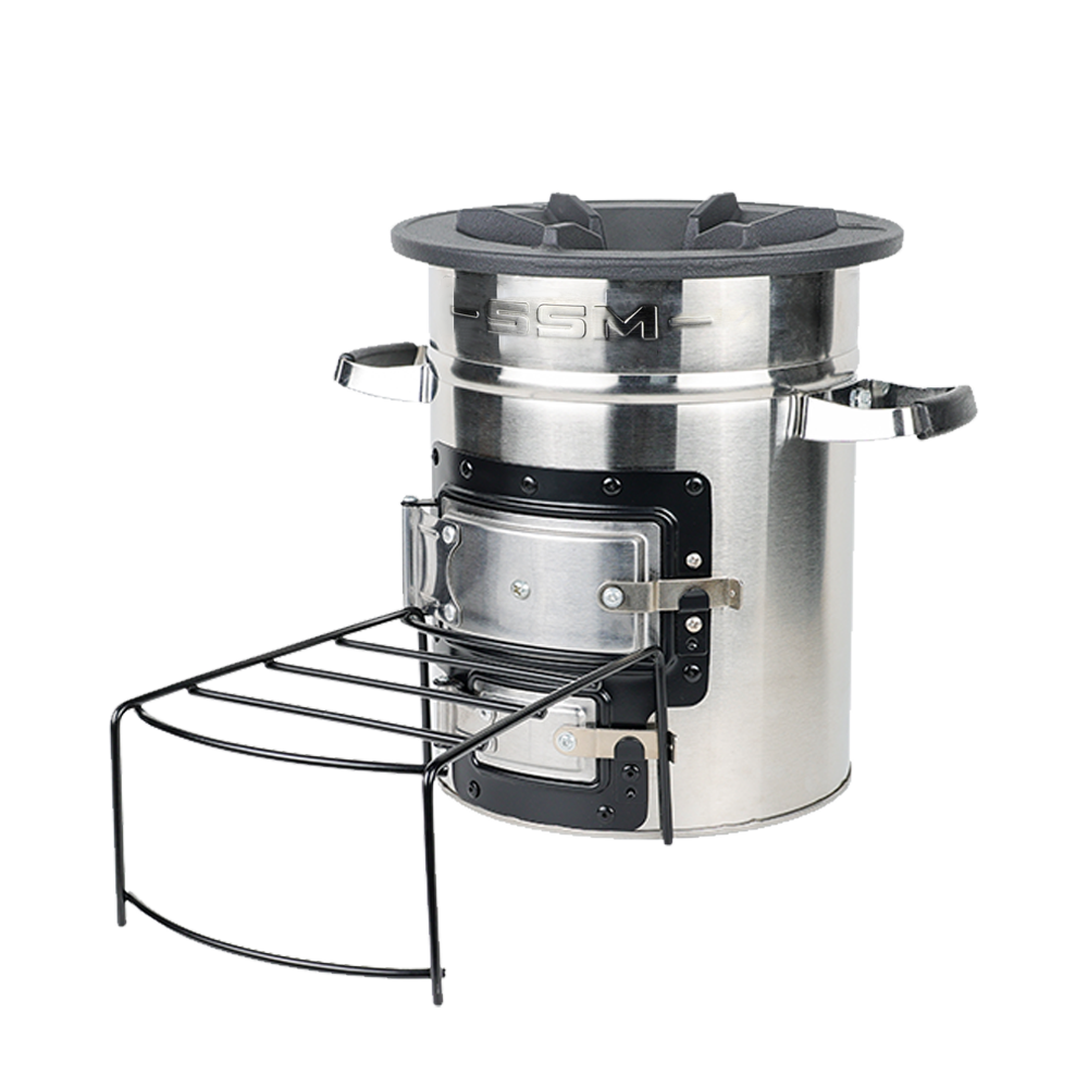 Side profile of the S26-23 stainless steel stove, highlighting the fuel loading area and its compatibility with firewood and charcoal.