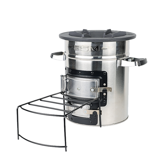 Side profile of the S26-23 stainless steel stove, highlighting the fuel loading area and its compatibility with firewood and charcoal.
