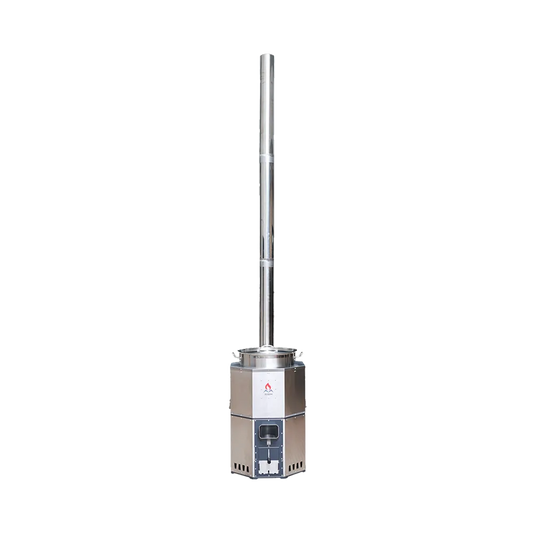 Full view of an SSM high-capacity institutional stove with an extended 3-meter chimney against a transparent background.