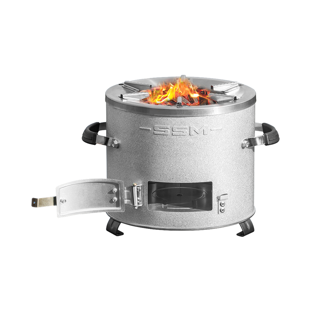 C26-10B portable charcoal stove with its front fuel door wide open, revealing the larger volume combustion chamber that reduces fuel consumption by 55%.