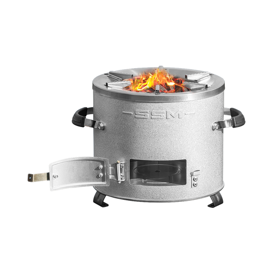 C26-10B portable charcoal stove with its front fuel door wide open, revealing the larger volume combustion chamber that reduces fuel consumption by 55%.