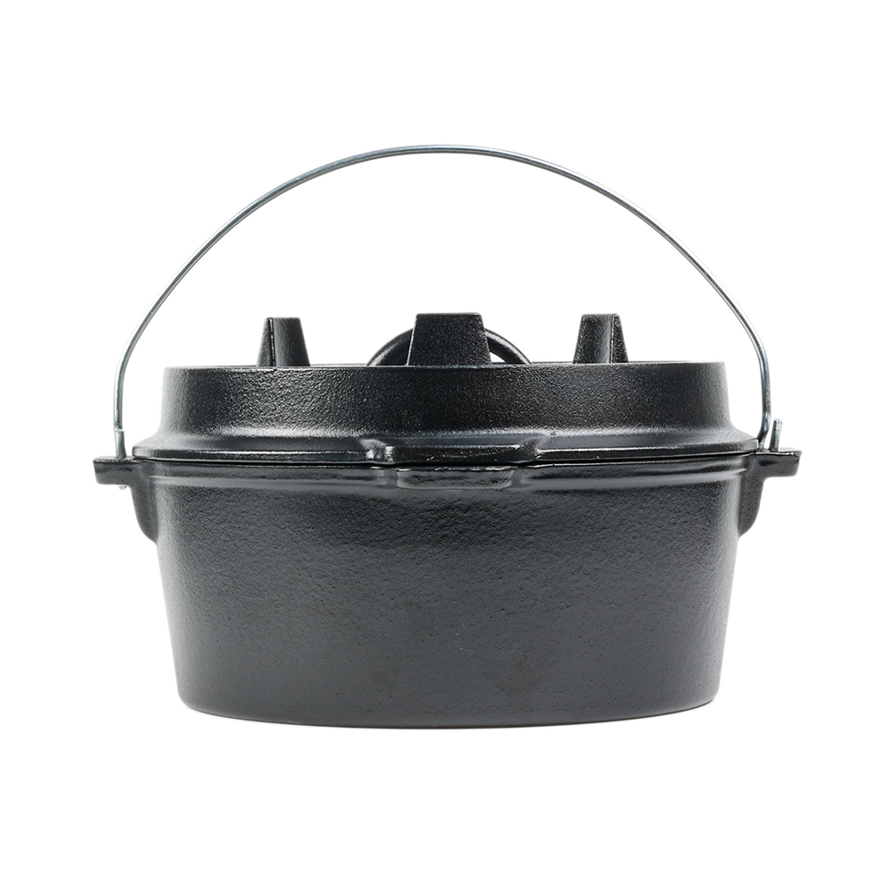 Side view of 2-in-1 cast iron Dutch oven combo with tightly fitting skillet lid and loop handles for camping.