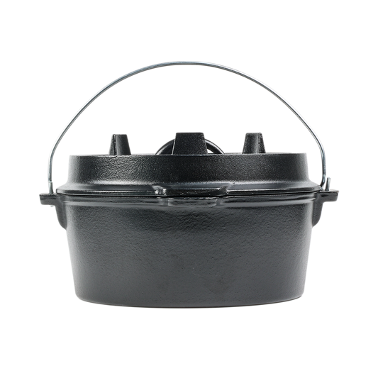 Side view of 2-in-1 cast iron Dutch oven combo with tightly fitting skillet lid and loop handles for camping.
