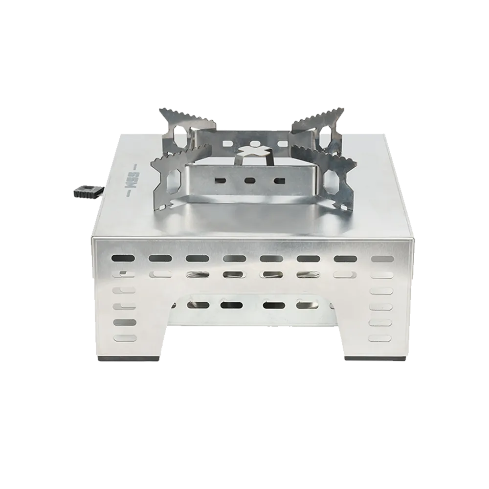 Side profile of the ES320 stainless steel ethanol stove, highlighting the precision-engineered ventilation slots on the stove body for optimized airflow and combustion efficiency.