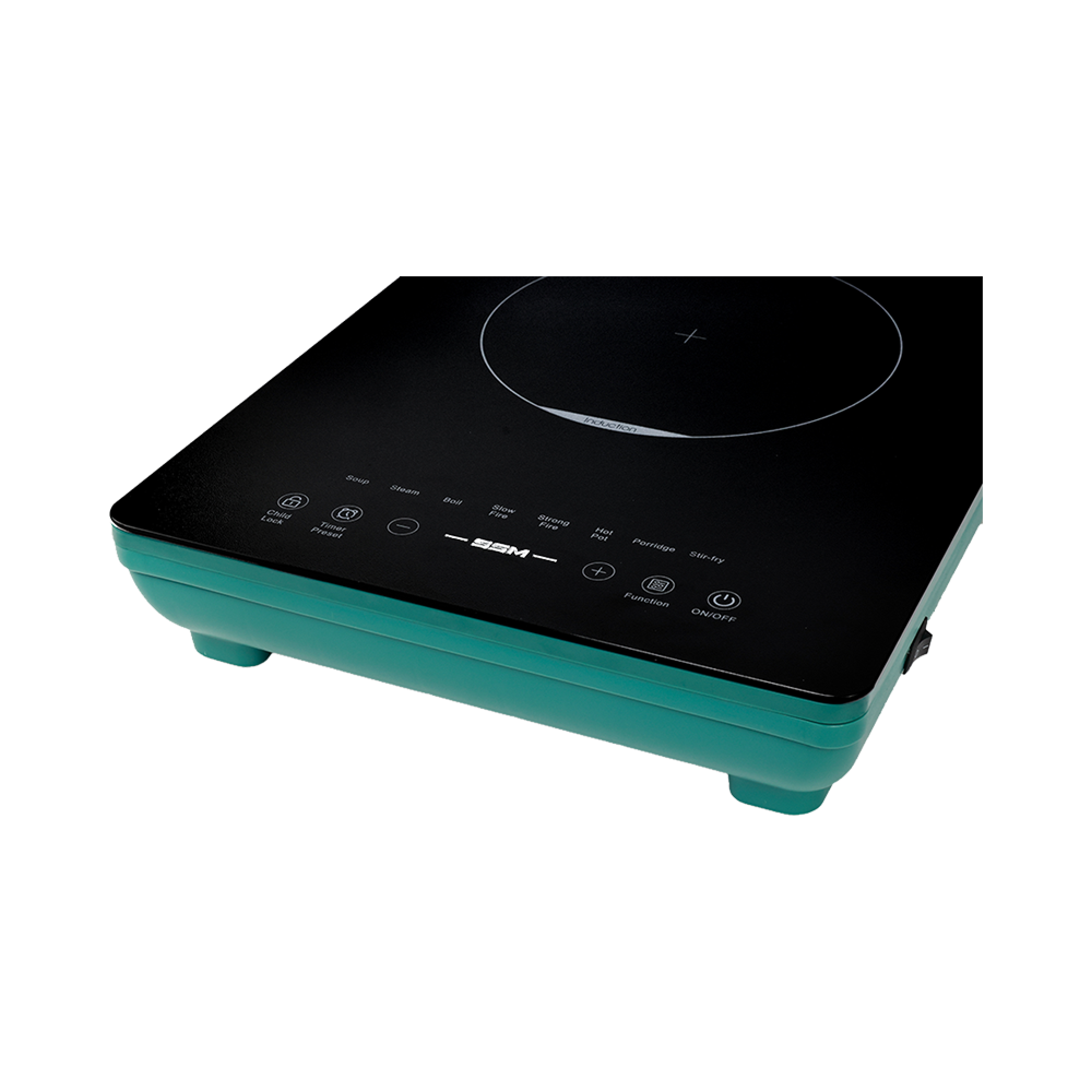 Close-up of the SSM induction cooktop control panel, highlighting intuitive touch-screen controls, child lock, and various preset cooking modes.