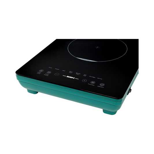 Close-up of the SSM induction cooktop control panel, highlighting intuitive touch-screen controls, child lock, and various preset cooking modes.