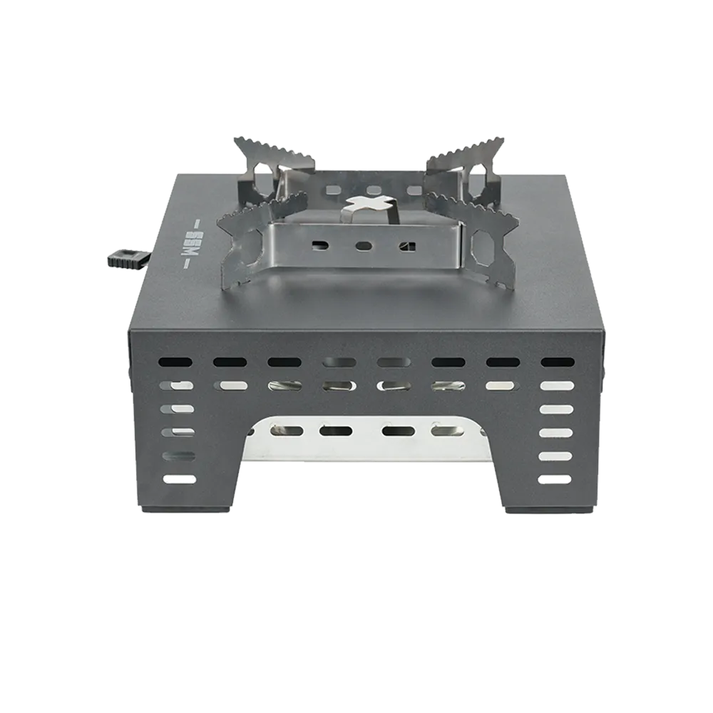 Side profile of the SSM single-burner ethanol stove showing the ventilated chassis design and durable metal framework.