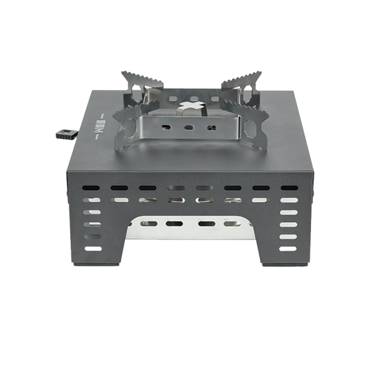 Side profile of the SSM single-burner ethanol stove showing the ventilated chassis design and durable metal framework.