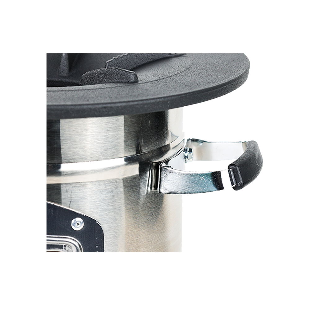 Detailed view of the handle and body structure, emphasizing a design that consumes 50% less fuel than the traditional three-stone cooking method.