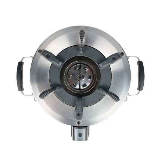 Top-down view of the F-28, highlighting the stovetop that combines stainless steel and cast iron for reduced weight and increased durability.