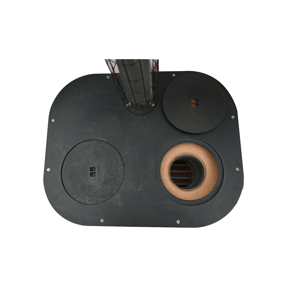 Top-down view of the M45 dual stove, highlighting the cast iron surface and combustion chamber access.