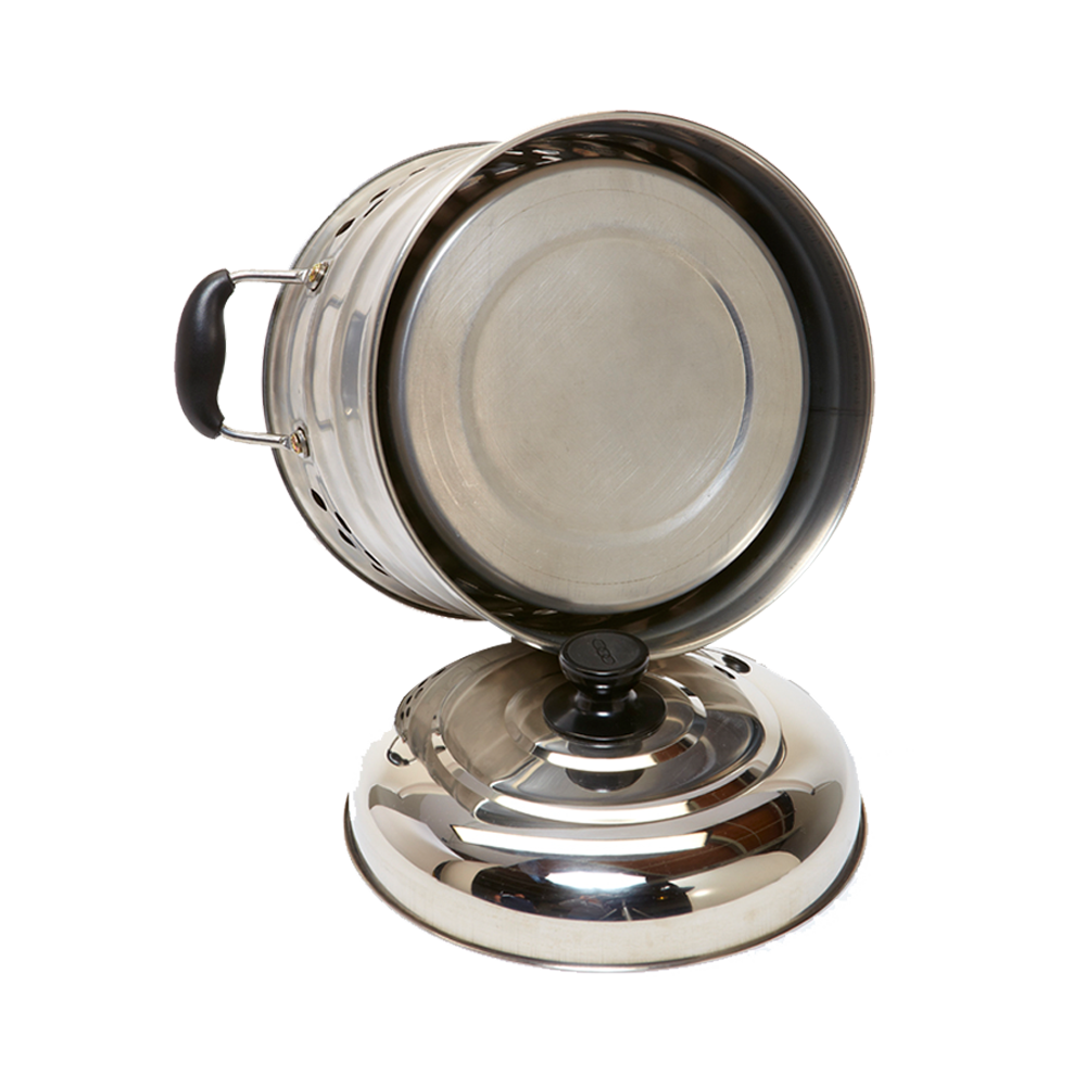 Bottom view of the stainless steel Super Pot showing the specialized fireplace effect construction designed for even heating from the bottom and sides.