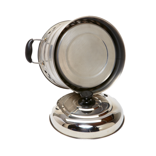 Bottom view of the stainless steel Super Pot showing the specialized fireplace effect construction designed for even heating from the bottom and sides.