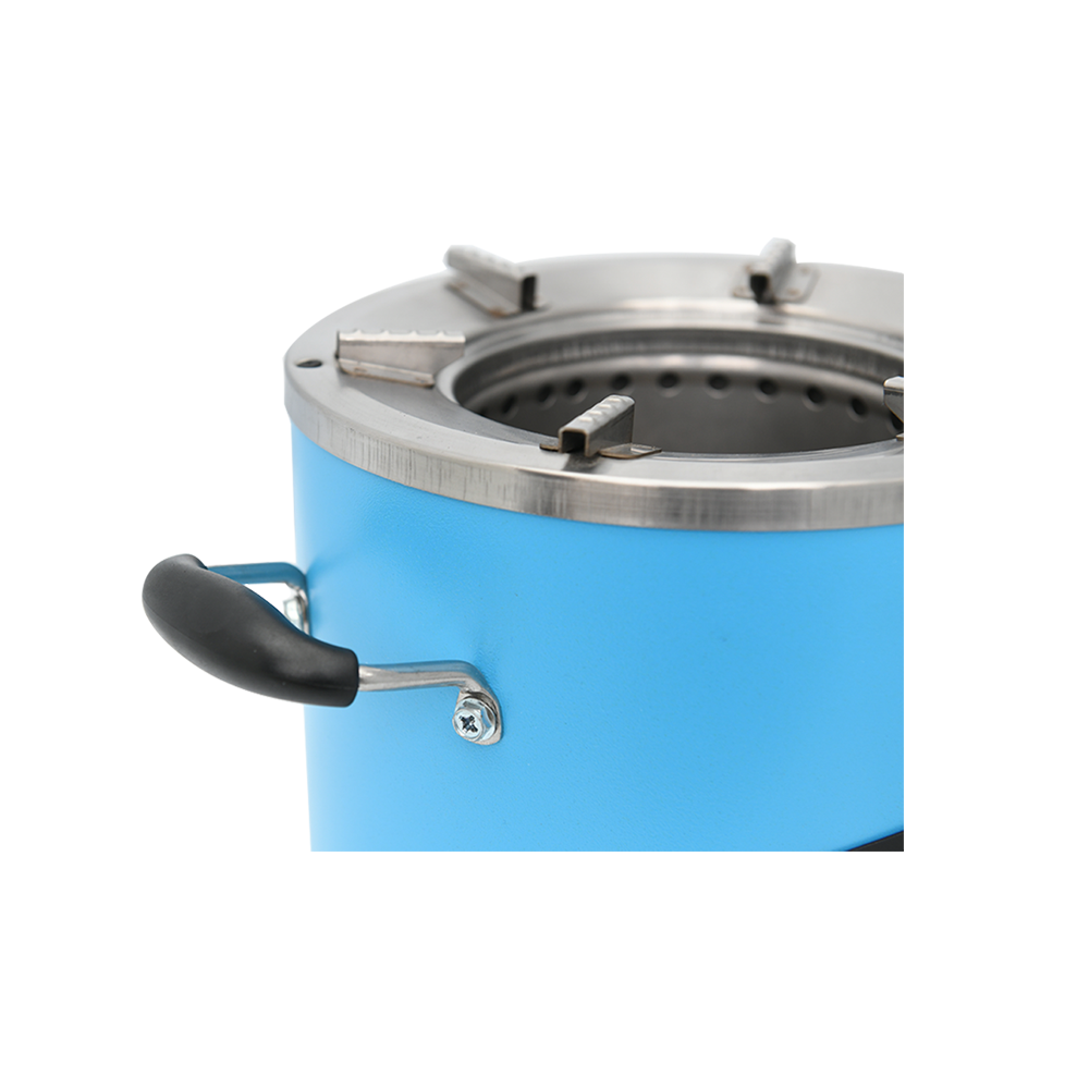 Close-up view of the sturdy handle and stainless steel top rim of the blue C28-12 charcoal stove, highlighting the high-efficiency design engineered for smokeless and eco-friendly cooking.