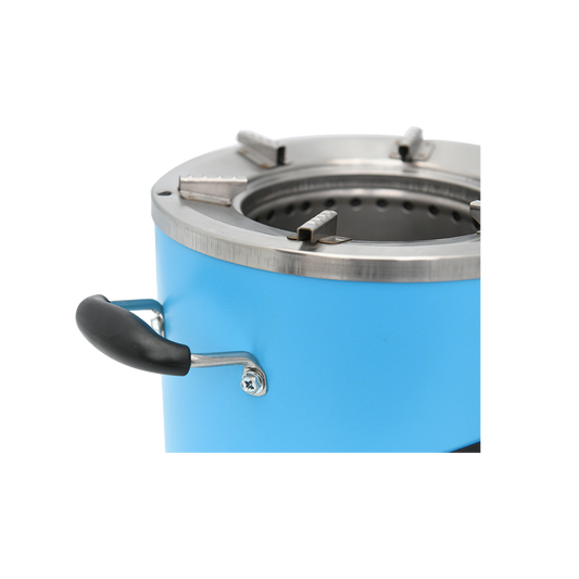 Close-up view of the sturdy handle and stainless steel top rim of the blue C28-12 charcoal stove, highlighting the high-efficiency design engineered for smokeless and eco-friendly cooking.