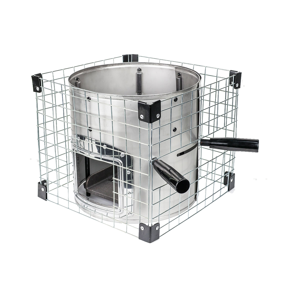 A 3/4 perspective of the Baldwin Stove, highlighting the robust mesh safety cage and integrated handle system.