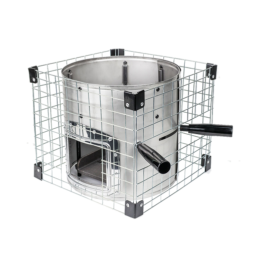 A 3/4 perspective of the Baldwin Stove, highlighting the robust mesh safety cage and integrated handle system.