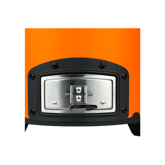 Close-up view of the stainless steel front door on the orange C26-12 charcoal stove, highlighting the secure latch system for smokeless and time-saving household cooking.