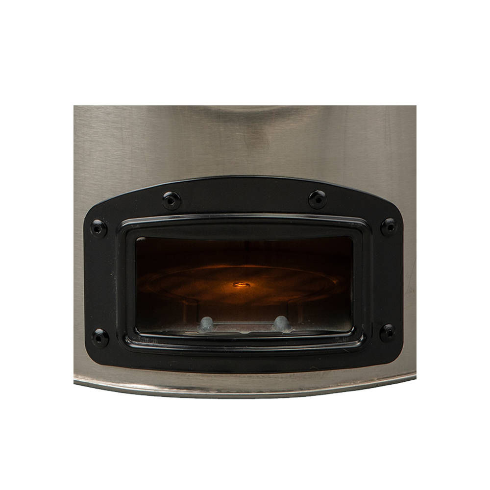 Close-up view of the glowing combustion chamber inside the C26-23MAX charcoal stove, demonstrating its highly efficient, fast-cooking performance.