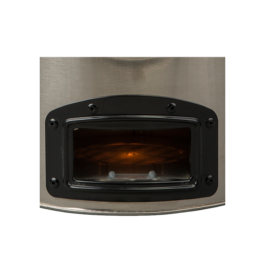 Close-up view of the glowing combustion chamber inside the C26-23MAX charcoal stove, demonstrating its highly efficient, fast-cooking performance.